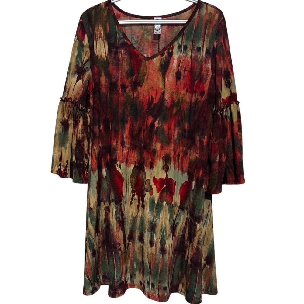 Honeyme Women's Green Tan Red Tie Dye Quarter Sleeve V-Neck Flowy‎ Dress Size M